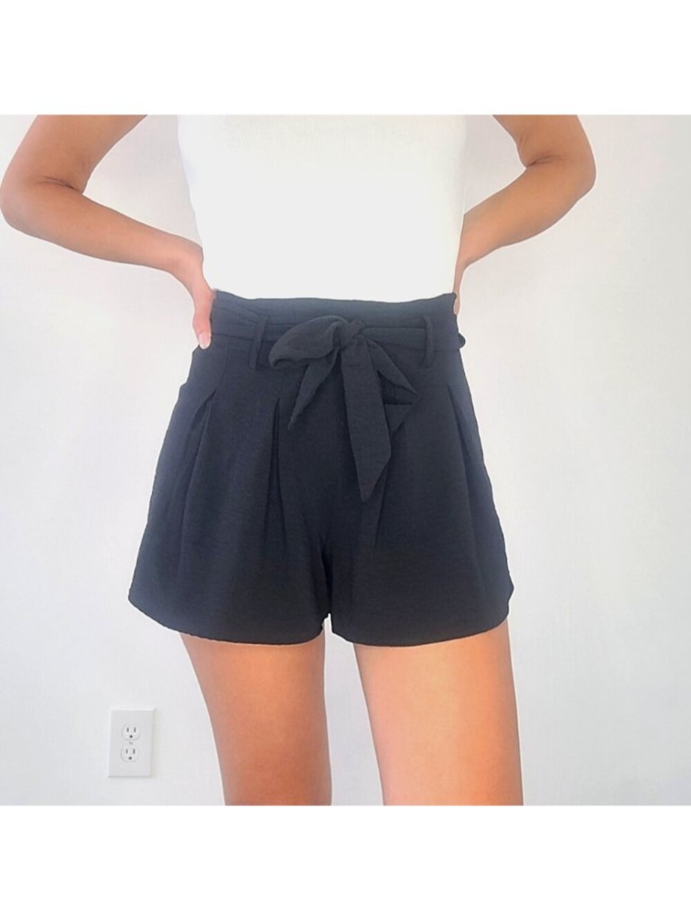 Black Pleated Tie Waist High-Rise Flowy Shorts